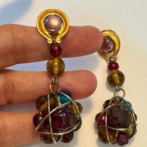 Artisan Handmade Earrings wire wrapped Beaded drop dangle Muli-colored confetti